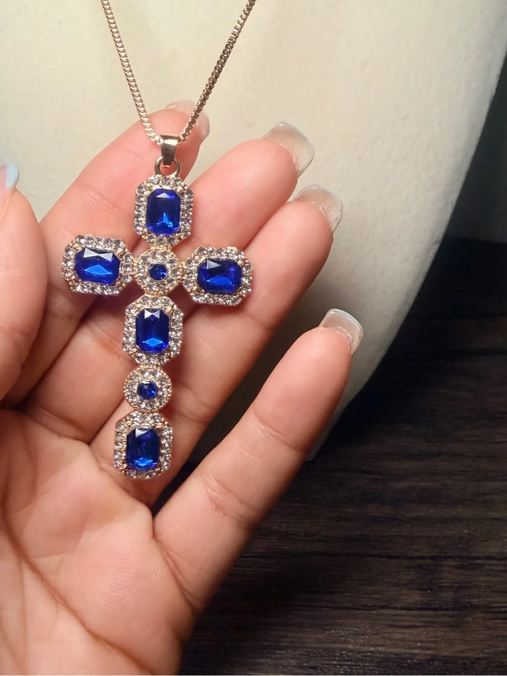 Gold-Tone Cross Pendant Necklace with Deep Blue Stones
